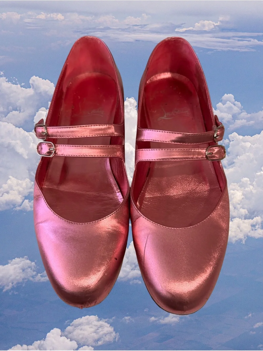 Christian Louboutin Metallic Rose Pink Double-Strap Mary Jane Flats